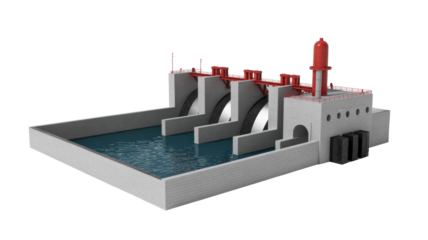 A 3D isometric rendering of a modern hydroelectric dam or power plant with multiple sluice gates and flowing water for energy generation. background removed