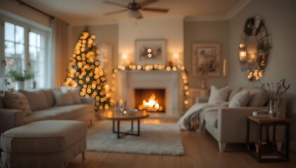 Fototapeta premium Relaxing Christmas Atmosphere - Soft Fireplace Glow & Beautiful Tree Lights