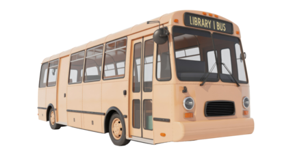 A peach-colored, vintage-style "LIBRARY 1 BUS" shown in a three-quarter perspective on a solid transparent background, ready for educational transport. background removed