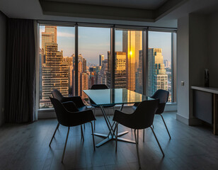 Modern interior with city views. A glass table and four chairs are set against a backdrop of towering skyscrapers at golden hour. Ideal for urban living, design concepts, and luxury real estate.