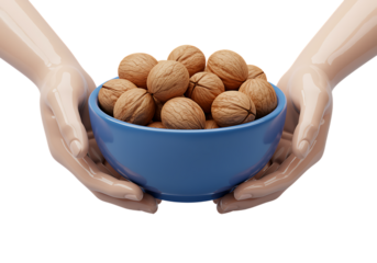 Robotic hands presenting a blue bowl full of walnuts on transparent background
