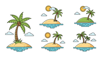 Obraz premium Collection of five simple and cute cartoon illustrations of tropical islands with palm trees the sun and fluffy white clouds.