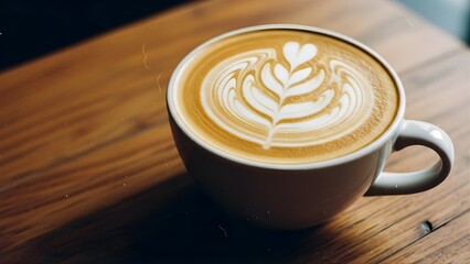 Close up latte art coffee cup on wooden table warm beverage scene