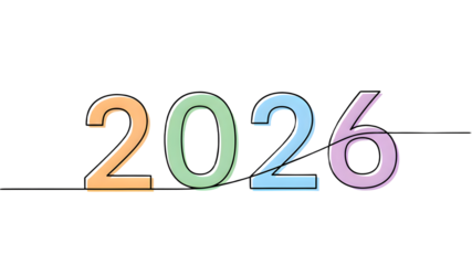 One continuous line drawing of year 2026 number with soft pastel colors on transparent checkerboard background.PNG