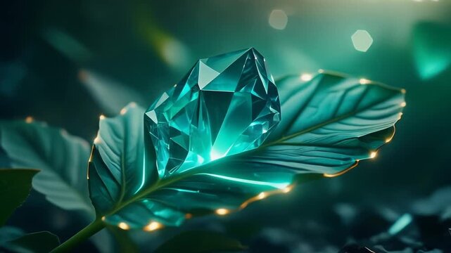 Luminous blue crystal gemstone resting on a large, dark green tropical leaf in a moody, softly lit natural environment with bokeh effect