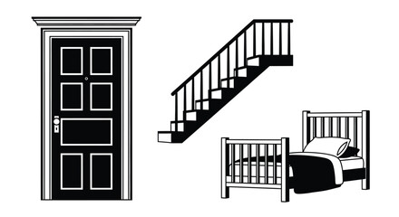 Door stairs bedroom interior design vector illustration black white