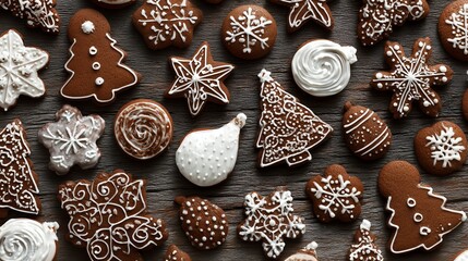 Overhead shot of gingerbread cookies with intricate white icing on a rustic wooden surface. Concept for holiday baking, seasonal treats and festive decorations