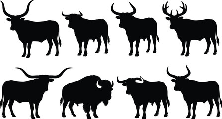 Bull, Buffalo, Bison, and Horned Cattle Silhouette Icons Set, Wild and Domestic Animal, Mammal, Farm, Strong Figure, Flat Vector Illustration Collection