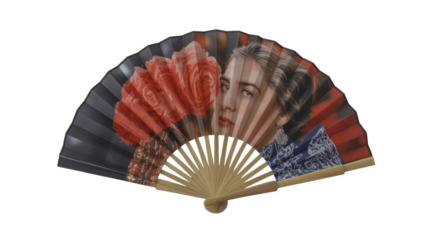 Elegant folding fan featuring a woman's portrait, vibrant red roses, and blue patterns on a dark background, with wooden ribs. background removed