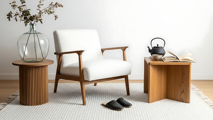 Serene reading nook featuring a modern armchair and natural wood accents, a perfect blend of minimalist and cozy home interior design
