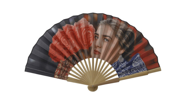 Elegant folding fan featuring a woman's portrait, vibrant red roses, and blue patterns on a dark background, with wooden ribs. background removed - Powered by Adobe
