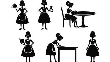 Black silhouettes of a maid in various poses doing different activities