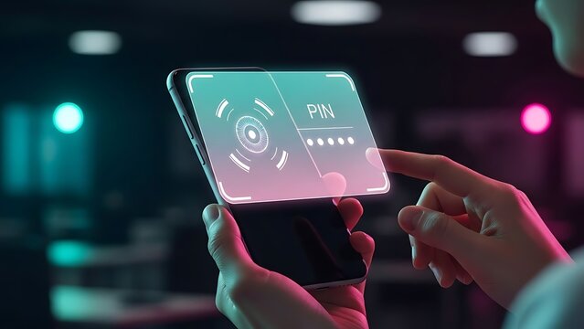 Person Entering PIN Code on Smartphone with Holographic Interface mobile technology