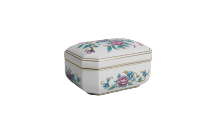 Elegant white porcelain trinket box with vibrant pink and blue floral patterns and delicate gold accents. Perfect for jewelry or small keepsakes. background removed