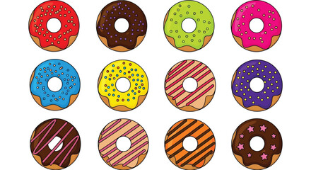 Assorted colorful donuts vector illustration bakery sweet dessert