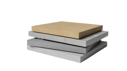A stacked assortment of four rectangular material slabs: one light brown wood, three gray concrete-like panels below. background removed