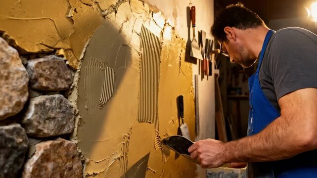 Medium shot of a craftsman expertly layering textured materials on a wall using diverse tools to achieve a unique handcrafted finish