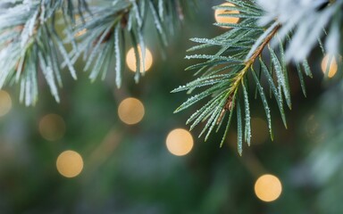 Frosted Evergreen Branches with Winter Glow on Green Backdrop