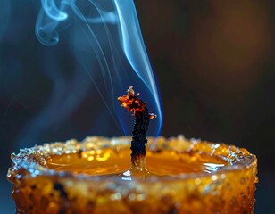 Close-up of an extinguished candle wick with smoke rising gracefully in a dark atmospheric setting