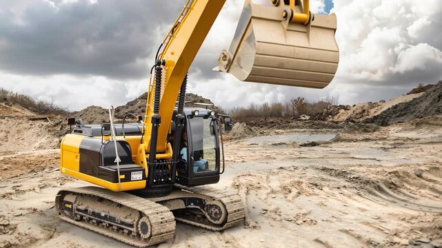 Excavator moves dirt and operates on construction site. Equipment handles tasks to prepare land for building. Workers present ensure proper operation.