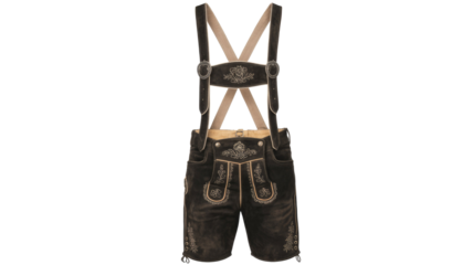 Traditional dark brown Lederhosen with ornate silver embroidery and suspenders, captured against a clean transparent background, showcasing authentic Bavarian folk attire. background removed