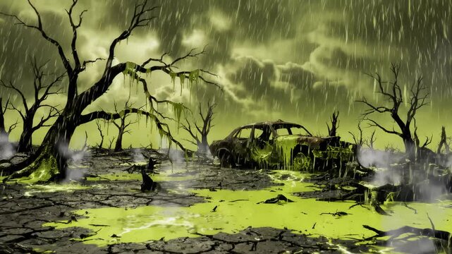 Eerie Post-Apocalyptic Scene With Car Wreck and Toxic Rain Effects