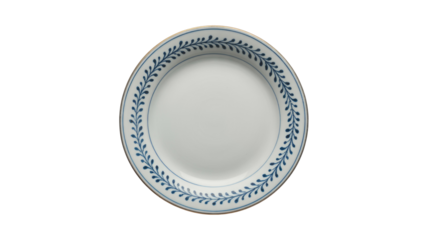 A white porcelain dinner plate with an elegant blue leaf-vine pattern around the rim and subtle gold accents, isolated. background removed