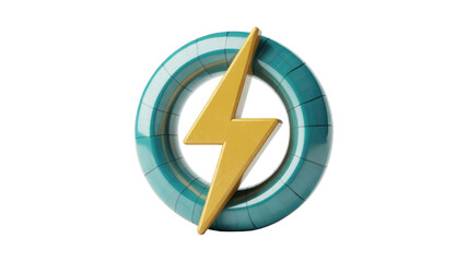 A vibrant 3D yellow lightning bolt icon encircled by a stylized, segmented teal ring, symbolizing power, energy, and speed. background removed