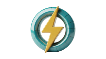 A vibrant 3D yellow lightning bolt icon encircled by a stylized, segmented teal ring, symbolizing power, energy, and speed. background removed