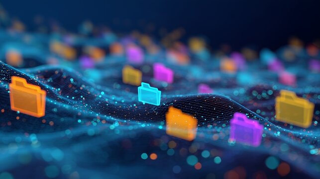 Abstract colorful folder icons floating on digital surface with bokeh effect. Concept for cloud data, file management and information technology