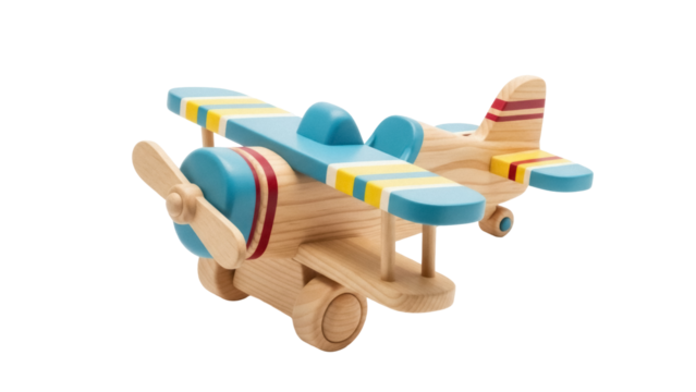 Wooden toy airplane isolated PNG, biplane with blue and yellow stripes, vintage style toy for kids, on transparent background - Powered by Adobe