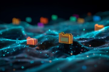 Futuristic digital folders glow on a dark background, concept for data storage, cloud computing and file management
