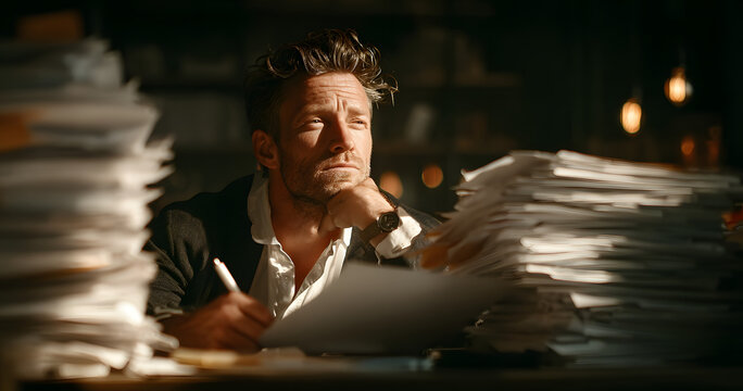 Thinking, supply chain and man with documents, stress and mistake with doubt, anxiety and tax report. Person, solution and business owner with paperwork, confused and frustrated with company audit