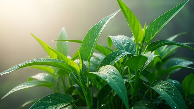 🌱 Fresh Green Water Spinach (Kangkong) Leaves with Dew