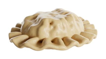 A plump, light beige dumpling or pierogi with intricately crimped edges, presented against a solid transparent background. Food item. background removed