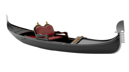A classic Venetian gondola featuring a sleek black hull, ornate red patterned seating, and elegant gold accents, isolated on a transparent background. background removed