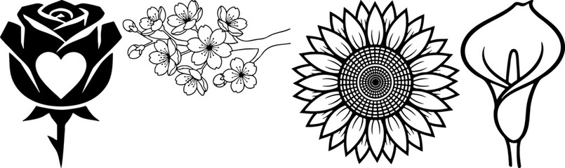 Black and White Flower Vector Icons Set Rose Sunflower Calla Lily