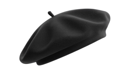A classic black beret with a small stem, perfect for fashion, artist, or chic themed designs. Elegant and timeless headwear. background removed