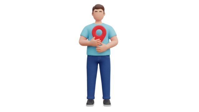 3D cartoon man holding red location pin isolated PNG, character with map pointer on transparent background for travel and navigation concepts
