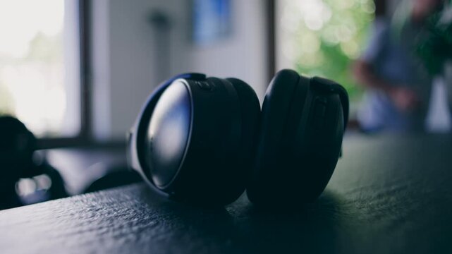 Closeup of headphones resting on table with softly blurred home background creating calm focused atmosphere centered on everyday objects technology and quiet domestic space