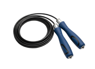 Blue jump rope with long black cable on transparent background
