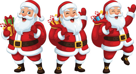 heerful Santa Claus vector collection featuring three different poses, holding a gift bag and presents, perfect for Christmas cards, holiday banners, and winter season promotions