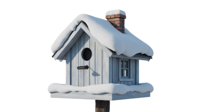 A charming, snow-covered wooden birdhouse featuring a brick chimney, circular entrance, perch, and window. Perfect for winter, seasonal, or wildlife designs. background removed - Powered by Adobe
