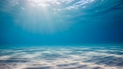 Underwater Scene with Sunbeams Streaming Through Clear Blue Water onto Sandy Seabed
