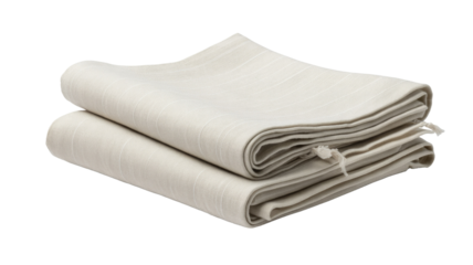Two neatly folded light beige pinstriped fabric items, possibly towels or linens, featuring delicate tassels, presented on a transparent background. background removed