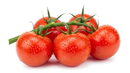 Fresh Red Cherry Tomatoes on Vine with Water Droplets Isolated on White Background, Healthy Organic Vegetable Produce for Food Photography.
