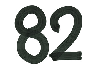 Number Eighty-two, 82 made with Plaster Rake Brush on transparent background, Digit, Black color, Dark-green color, isolated background, Illustration, Typography, Handmade, Set 0-100