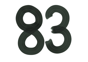 Number Eighty-three, 83 made with Plaster Rake Brush on transparent background, Digit, Black color, Dark-green color, isolated background, Illustration, Typography, Handmade, Set 0-100