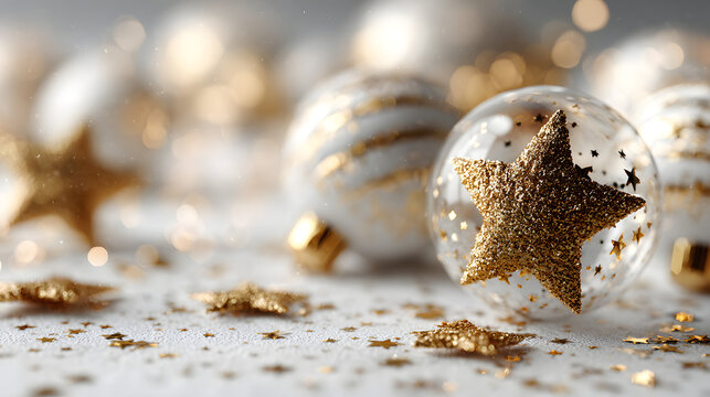 Elegant christmas background with gold stars and baubles on white surface top view ready for text