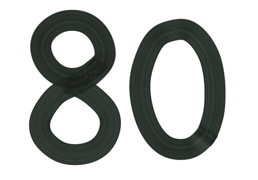 Number Eighty, 80 made with Plaster Rake Brush on transparent background, Digit, Black color, Dark-green color, isolated background, Illustration, Typography, Handmade, Set 0-100